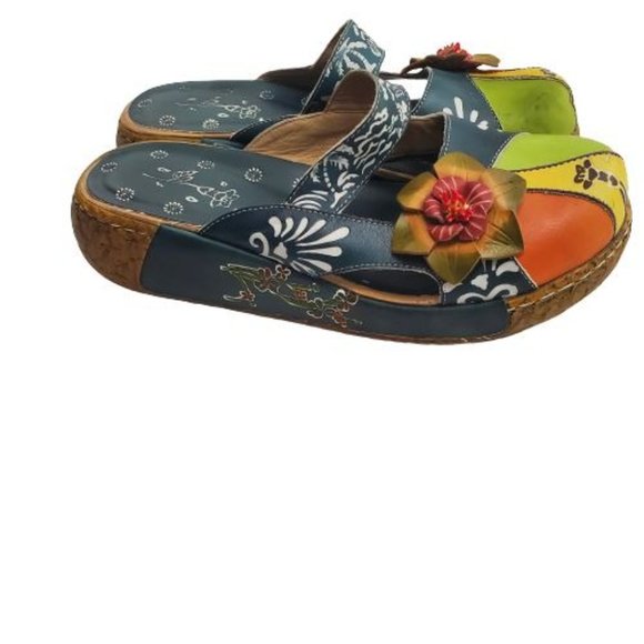 Women's Blue/Multi Flower Slip-On Leather Cut-Out Backless Platform Sandal Sz 41 - Picture 8 of 16